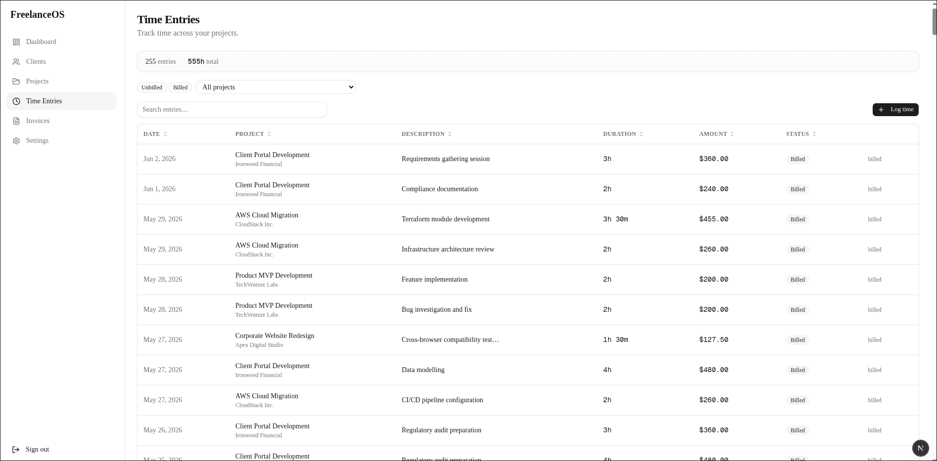 FreelanceOS time entry logging